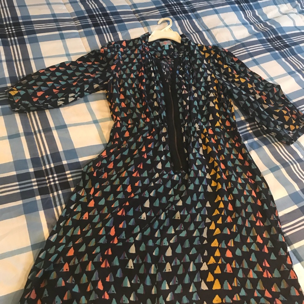 Blue Pattern Silk Dress Sz L